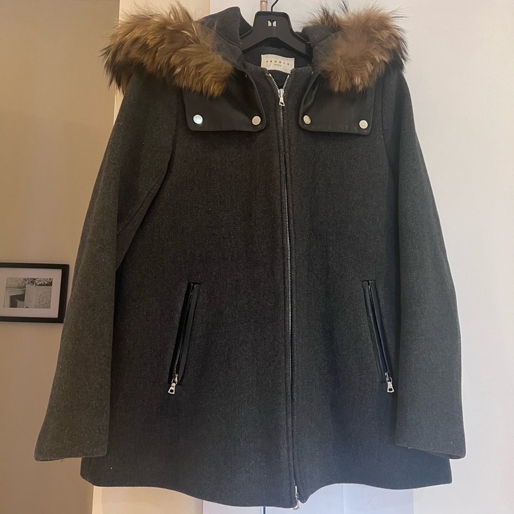 Sandro Dark Gray Hooded Cape with Faux Fur Trim